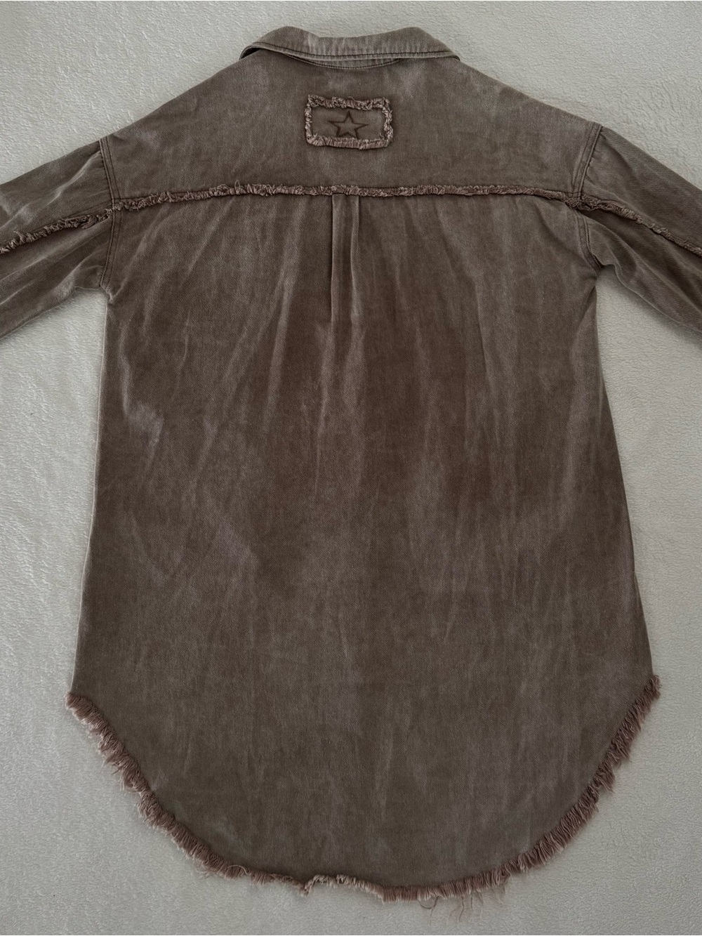 POL Light Brown 100% Cotton Longline Shacket Raw Edge Relaxed Fit Size Medium - Picture 2 of 11